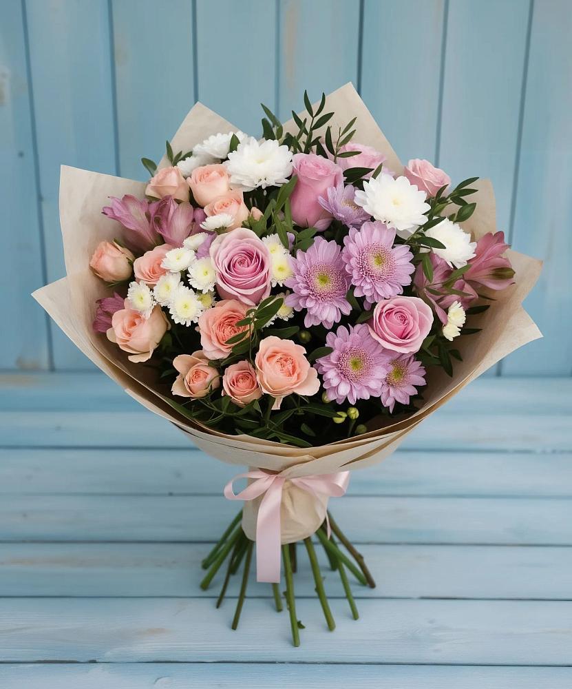 Букет цветов из: Хризантемы, Розы и Альстромерии в Пионерском