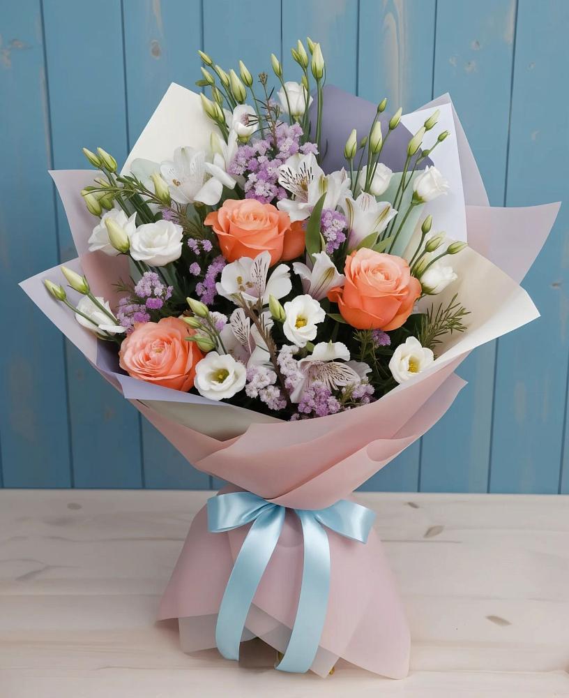 Букет цветов из: Лизиантусы, Розы, Альстромерии и Гипсофила в Пионерском