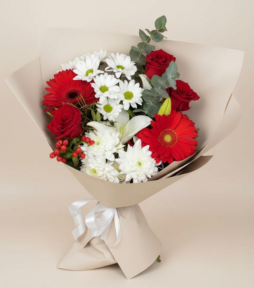 Букет цветов из: Розы, Хризантемы, Герберы и Лилии в Пионерском